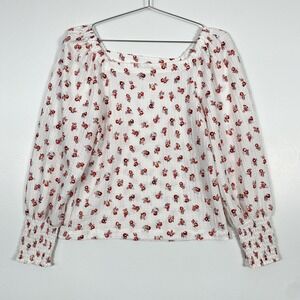 LOFT Shirt Womens Medium White Floral Smocked Square Neck Puff Sleeve Top Cottag